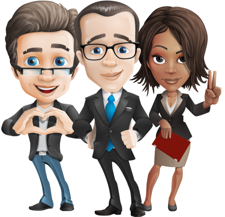 An image of three cartoon style people. There are two men and a woman. The man on the far left is making a heart sign with his hands. The man in the middle is standing with his hands on his hips. The woman on the end is holding a book in her hand.