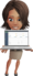 An image of a cartoon style woman holding a computer.