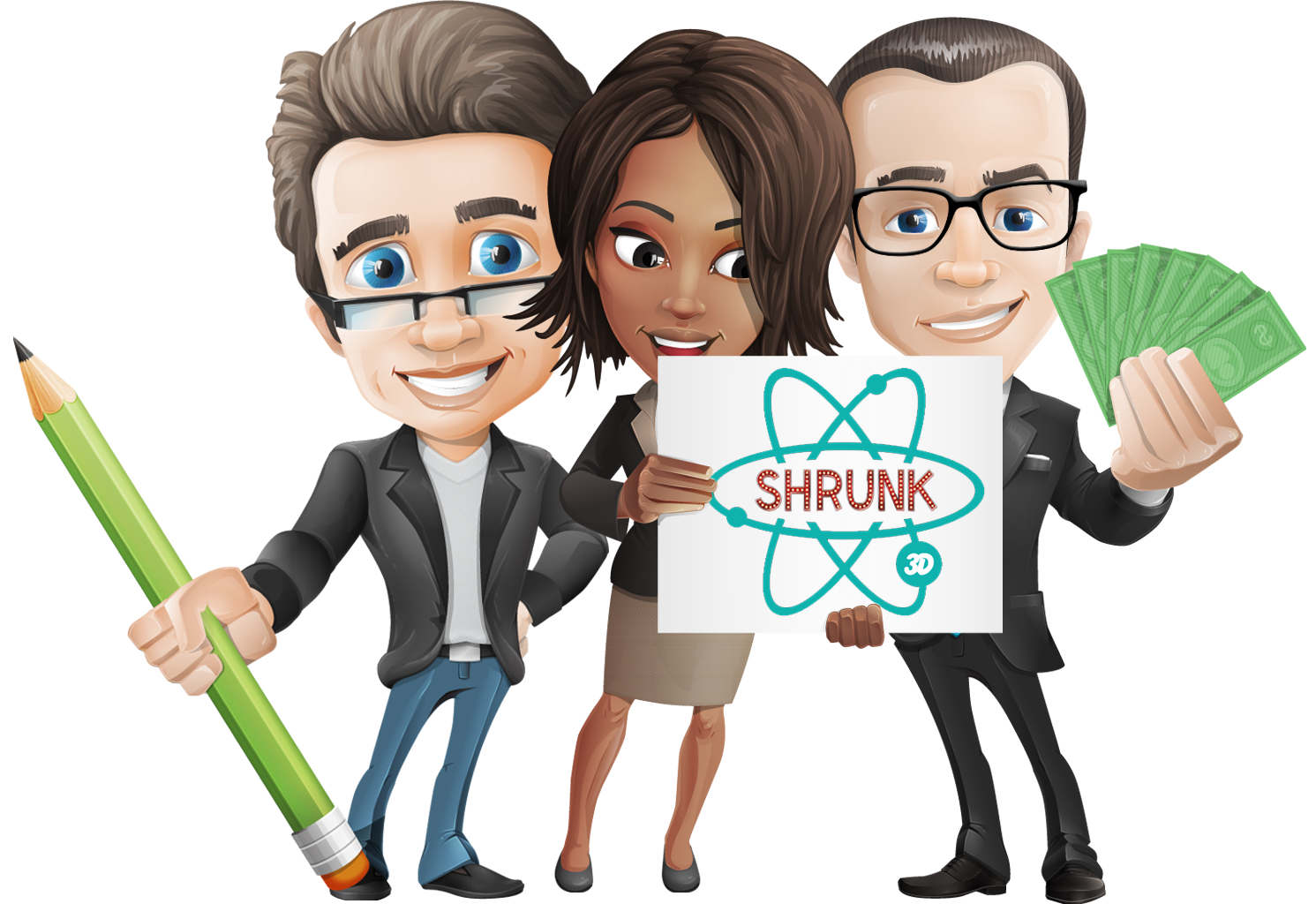 A group of cartoon style characters holding the shrunk3d.com logo.