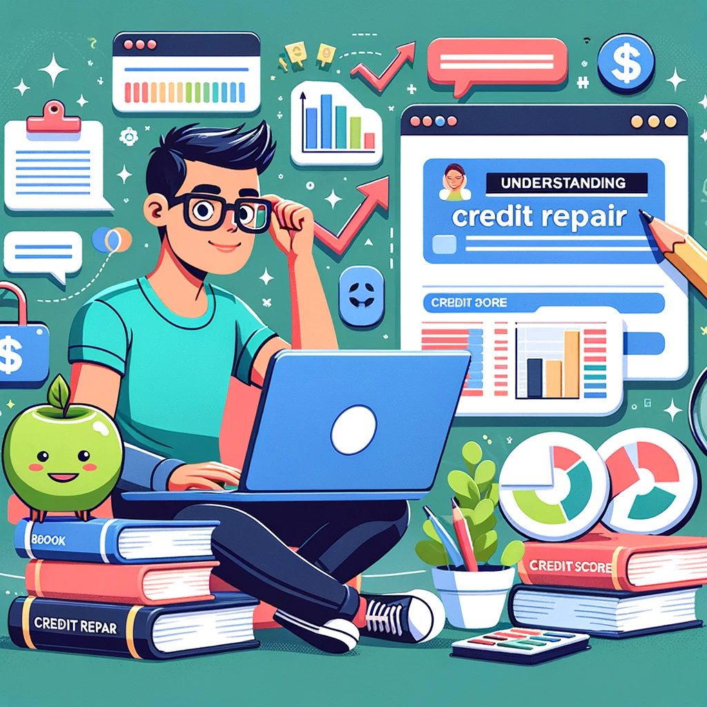 A semi-realistic, cartoony-style image about 'Understanding Credit Repair for Millennials'. It features a millennial character with glasses, engaging with various credit repair tools and resources, set in a modern, relatable environment for young adults focused on improving their credit health.