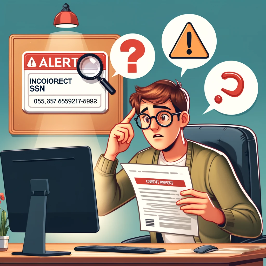 A semi-realistic cartoon-style illustration of a confused person with glasses sitting at a desk, looking at a credit report on a computer screen displaying an alert symbol and the text 