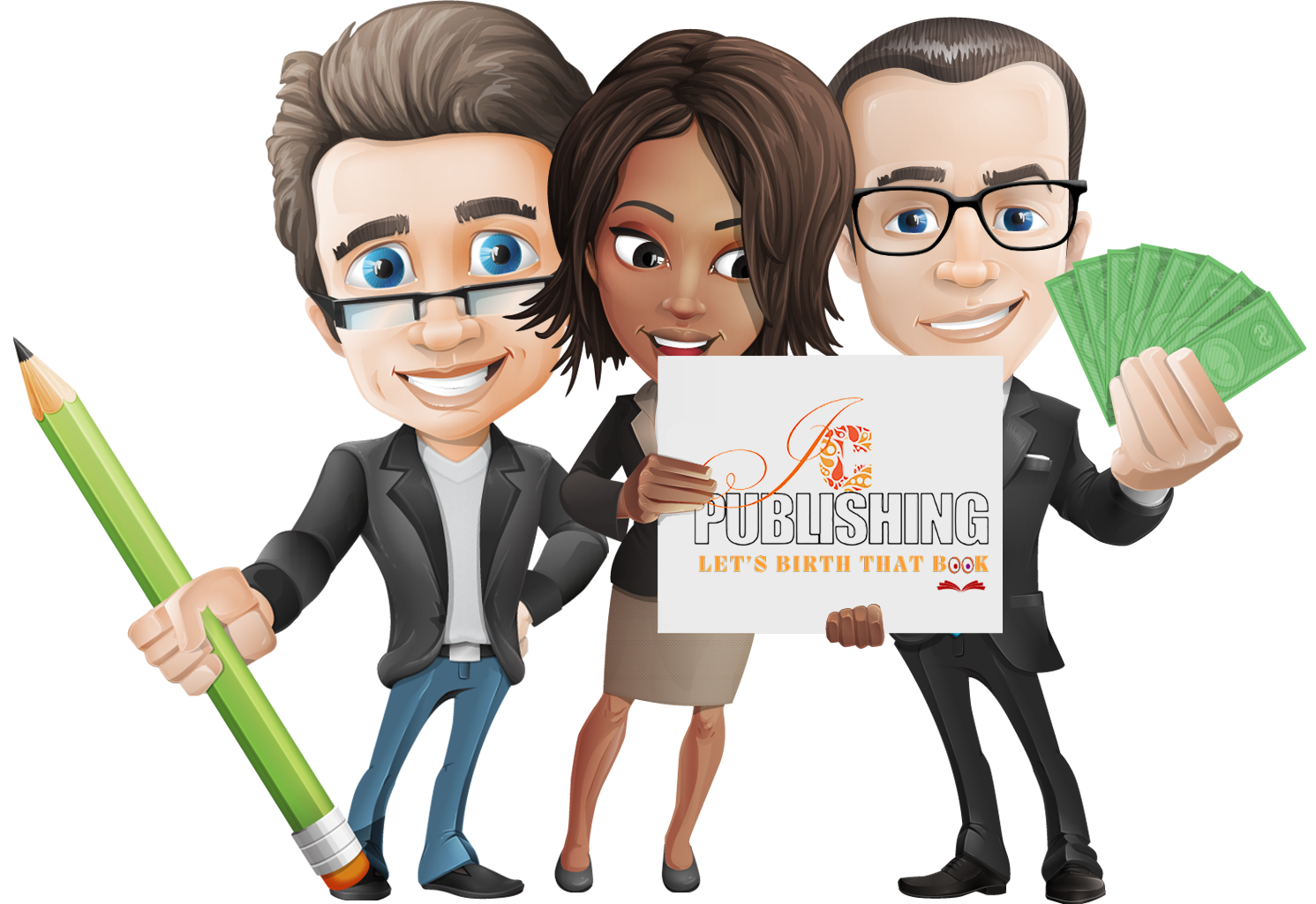 A group of three characters from CreditNerds holding the JC Publishing Logo