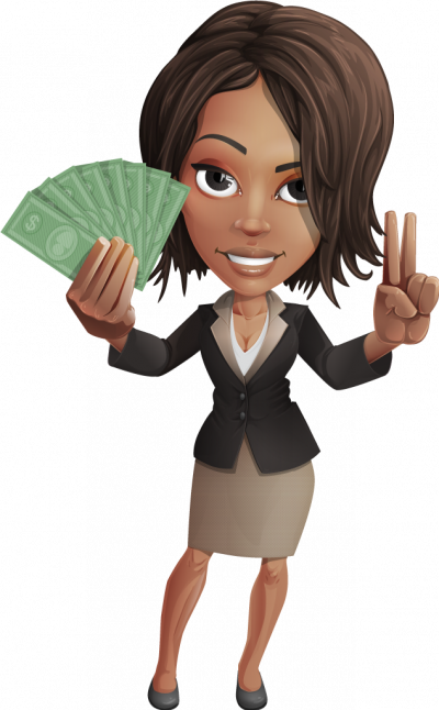 A cartoon image of a lady who provides credit repair services holding money.