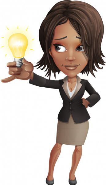A cartoon image of a lady who provides credit repair services holding a lightbulb.