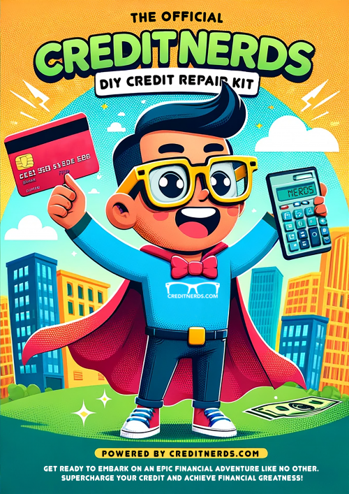 The cover of The Official CreditNerds DIY Repair Kit. A man wearing glasses and a cape stands in front of several tall building. In one hand he holds a credit card and a calculator in the other.