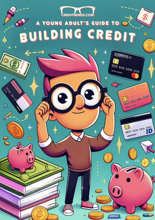 The cover of A Young Adult's Guide To Building Credit. A man wearing glasses stands beside a piggy bank and a stack of books. Credit cards and cash floats around him.